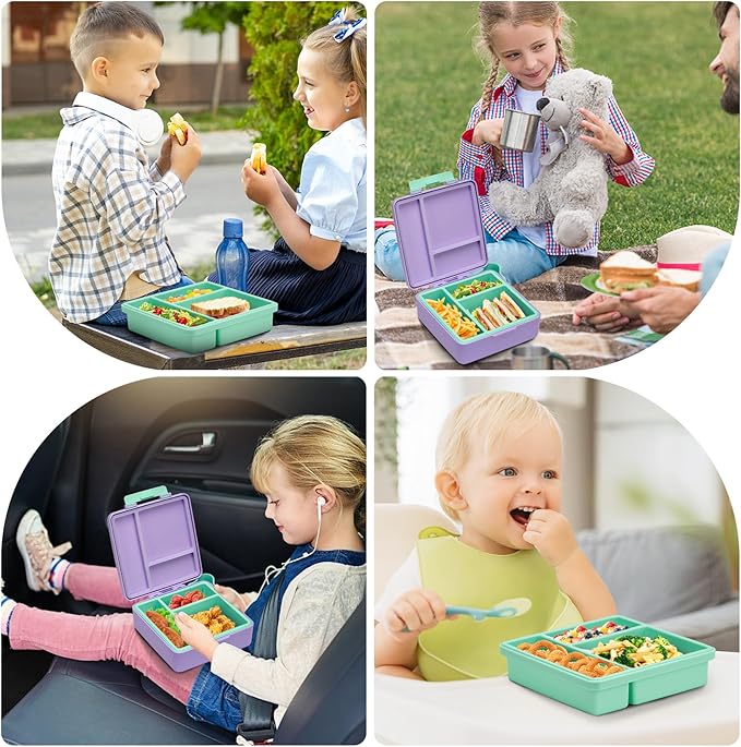 Chill Bento Lunch Box for Kids Adult with Ice Pack,Leak Proof 3 Compartments Lunch Container for Kids,Ice Pack Detachable Bento Box,BPA Free,Dishwasher & Microwave Safe-Purple