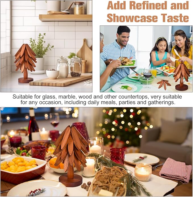 Christmas Tree Coasters - Wooden Trivets for Hot Dishes, Tree Shape Set - 5 Walnut Wood Trivets + 1 Stand (8.8 Inches)