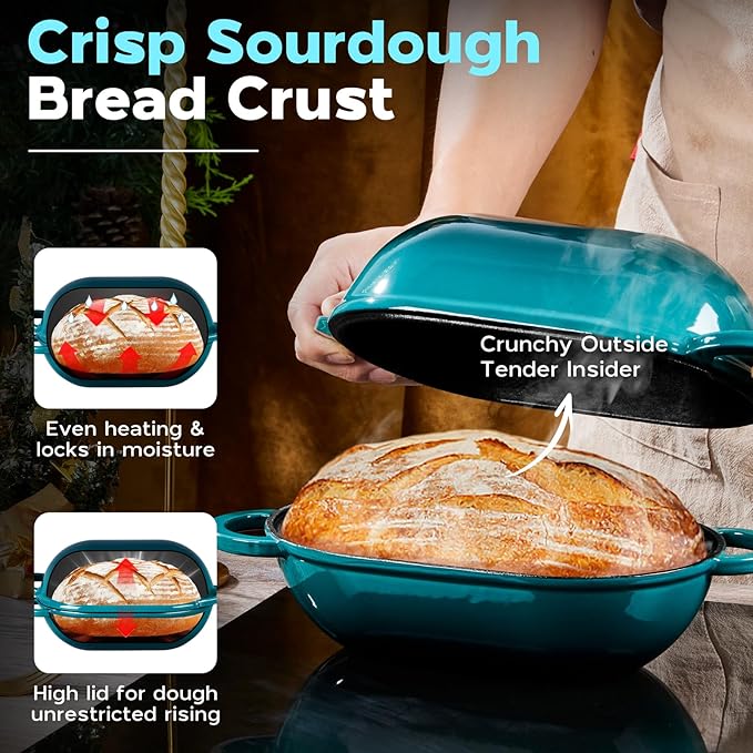 Onader Enameled Cast Iron Dutch Oven, Oval Dutch Oven Pot with Lid for Sourdough Bread Baking, 2.8QT Meatloaf Pan, Heavy Duty - Dark Cyan