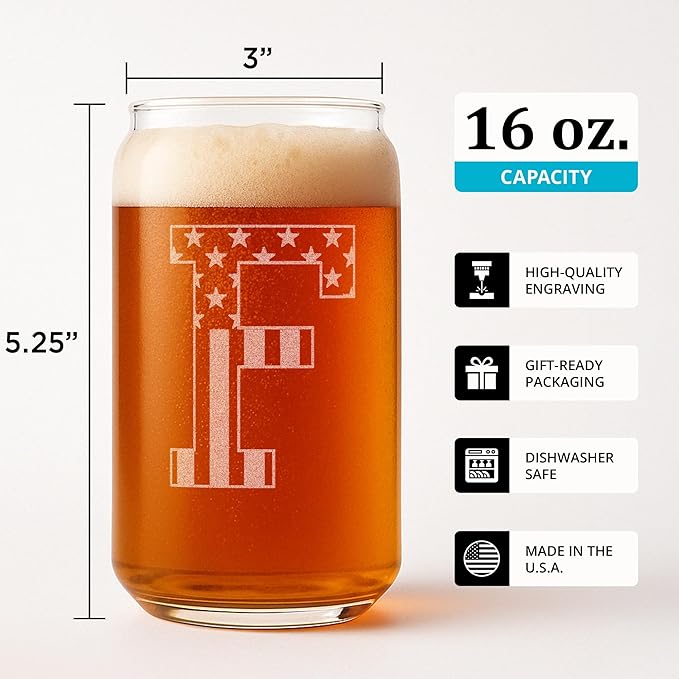 Monogram Beer Glasses for Men (A-Z) 16 oz - Beer Gifts for Men Brother Son Dad Neighbor - Unique Gifts for Him - Personalized Drinking Gift Beer Glass Mugs - Engraved Beer Can Glass (F)