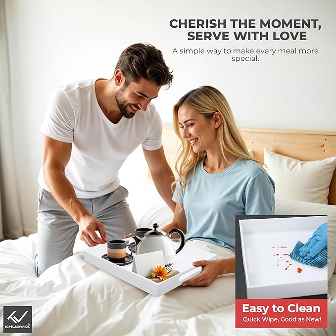 White Tray 20×12" with Cut Handles - Spill Proof Decorative Tray is an Ideal Countertop Organizer for Living Rooms, Ottoman Coffee Tables, Offices, Kitchens & Serving Guests