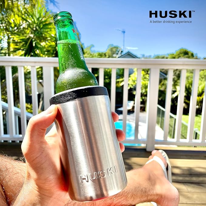 Huski Beer Cooler 2.0 | NEW | Premium Can and Bottle Holder | Triple Insulated Marine Grade Stainless Steel | Detachable 3-in-1 Opener | Works as a Tumbler | Best Gifts for Beer Lovers (White)