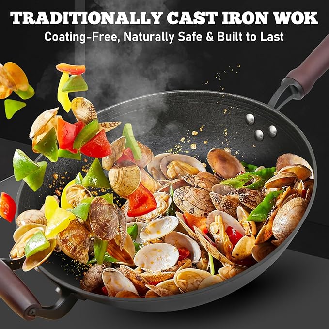HONGJIANG Cast Iron Wok Pan, 14.2" Pre-Seasoned Flat Bottom Wok,Coating-Free Wok Stir Fry Pan With Glass Lid,Compatible Traditional Chinese Wok For Induction, Electric, Gas,Open Fire