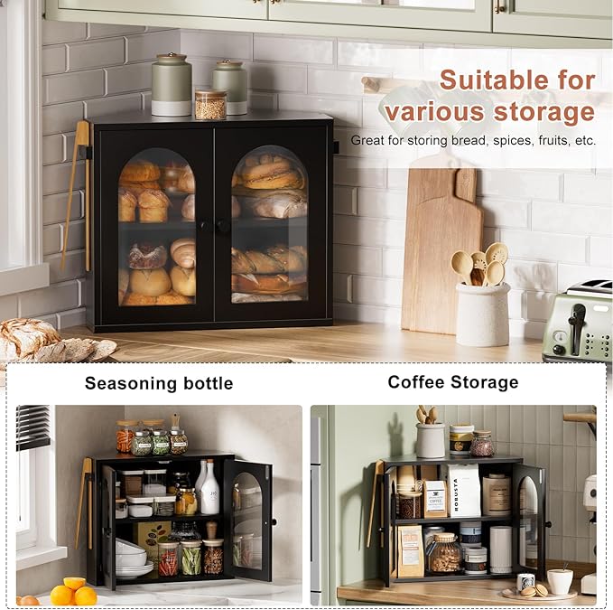WOWLIVE Corner Bread Box for Kitchen Countertop, 2 Tier Bamboo Bread Storage Container for Homemade Bread with Clear Acrylic Door Panel, Large Bread Bin Farmhouse Breadbox Organizer (Black, Medium)