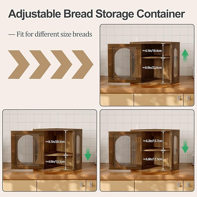 Corner Bread Box, Solid Wood Double Layer Adjustable Large Capacity, Farmhouse Vintage Kitchen Countertop Organizer with Acrylic Window, Retro Brown