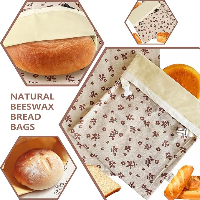 Reusable Beeswax Bread Bags for Homemade Bread & Sourdough - Keeps Bread Fresh for Longer, Reusable Food Storage Bag 2 Pack