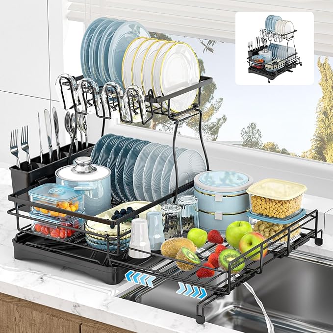 2 Tier Dish Drying Rack, Large Extendable Dish Racks for Kitchen Counter or Over Sink, Dishrack with Drainboard, 2-in-1 Anti-Rust Stainless Steel Dish Drainer with Utensil Holder & Cup Holder (Black)