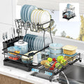 2 Tier Dish Drying Rack, Large Extendable Dish Racks for Kitchen Counter or Over Sink, Dishrack with Drainboard, 2-in-1 Anti-Rust Stainless Steel Dish Drainer with Utensil Holder & Cup Holder (Black)