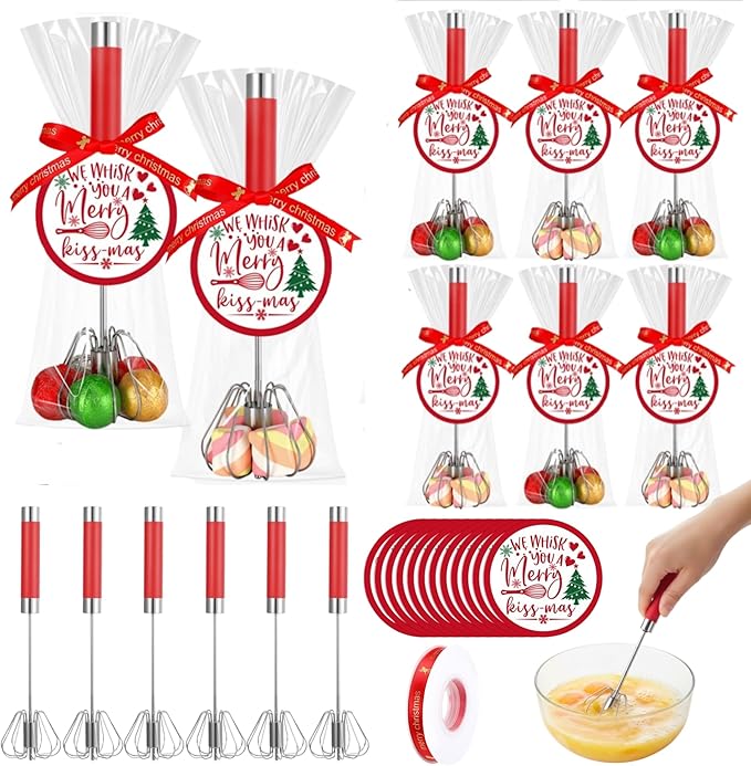 12 Pack Christmas Whisk Gifts Set Bulk Christmas Baking Set Includes Stainless Steel Whisk Xmas Greeting Cards Red Ribbons Clear Plastic Bags for Xmas Kitchen Gifts Cooking Baking Supplies