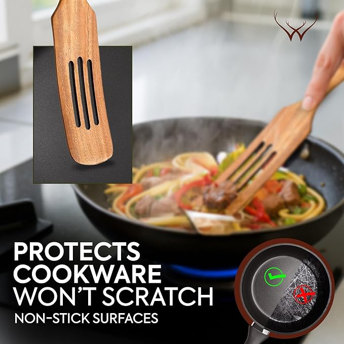 Wooden Spurtle Set for Cooking - Handmade Premium Turner, Nonstick Wooden Spoons for Cooking Flat Frying Utensils with Right Long Handle (7PC Spatula Set)