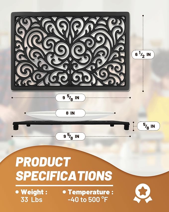 Black Rectangle Cast Iron Trivet 2-Pack for Kitchen & Dining - Heavy-Duty Hot Dish Pads, Decorative Heat Resistant Pot Holders with Raised Feet