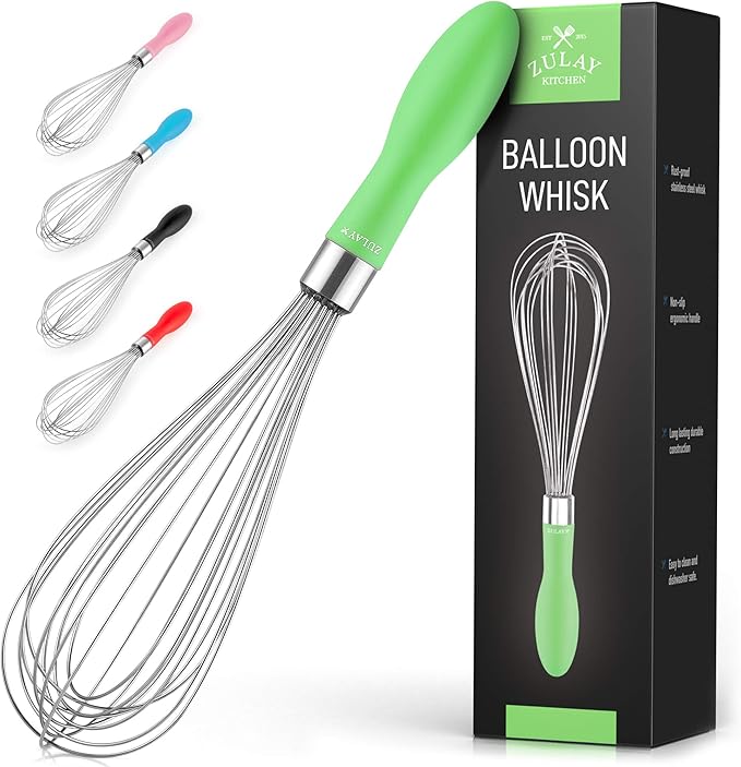 Zulay Kitchen Stainless Steel Balloon Whisk 12 Inch – Heavy Duty and Durable Wire Whisk with Non-Slip Silicone Handle for Blending, Whipping & Beating - Green