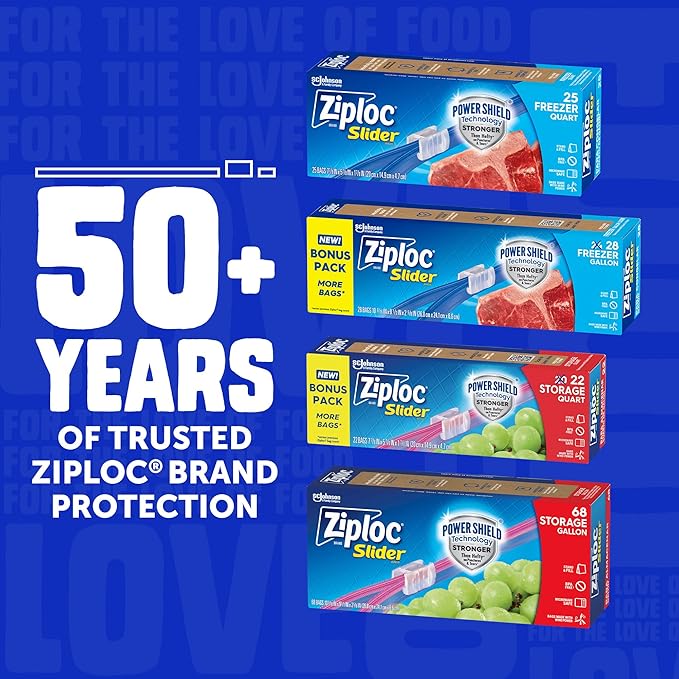 Ziploc Food Storage Quart Freezer Slider Bags, Power Shield Technology for More Durability, 34 count