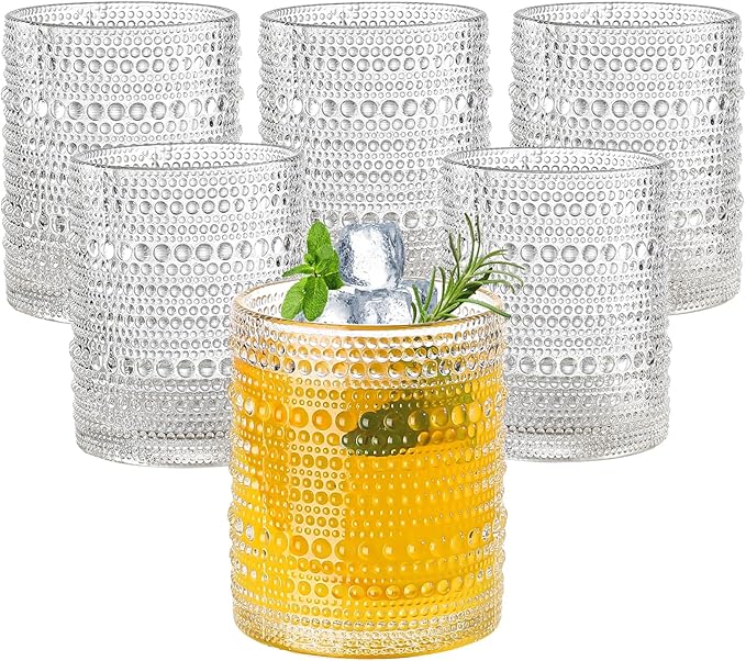 12oz Hobnail Drinking Glasses Set of 6,Clear Vintage Glassware Embossed Water Tumbler,Cocktail Glass Cups for Beer,Whiskey,Juice and Various Mixed Drinks