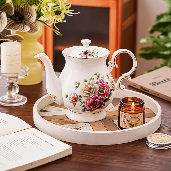 Flower tea pot，35.5oz Ceramic teapot with lid，Vintage teapot for Flower tea，Milk, Coffee