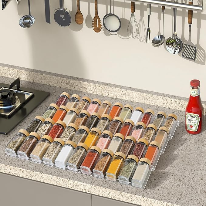 Spice Drawer Organizer 8 Tier, Acrylic Seasoning Organizer Rack, Clear Spice Rack Tray, Kitchen Seasoning Jars Drawers Insert (Jars Not Included/Expandable From 9" to 18")