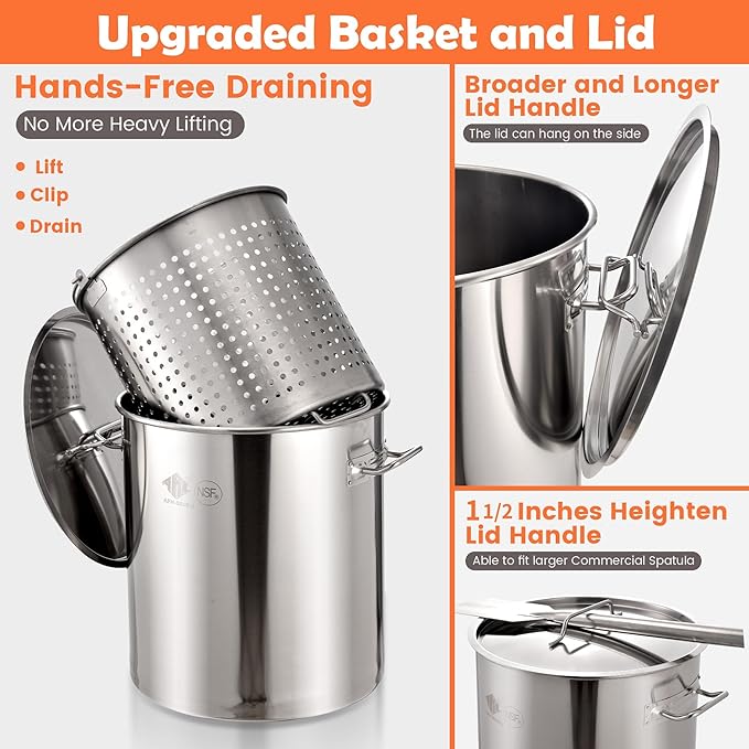ARC 64QT Stainless Steel Seafood Boil Pot with Basket and 36" Large Spoon, Threads Removable Handle, Crawfish, Crab, Lobster, Shrimp Boil Stock Pot with Strainer, Turkey Fryer Pot, Brewing Beer, 16Gal