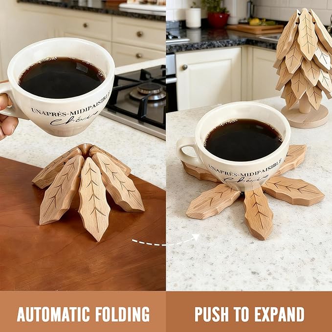 Wooden Trivets for Hot Dishes, 5Pcs Moso Bamboo Christmas Tree Coaster Set with Storage Stand for Pots, Pans & Plates