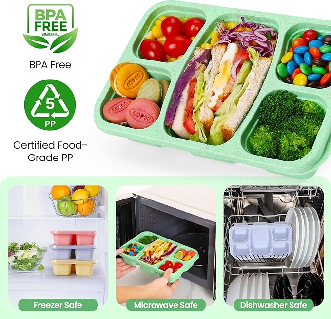 Bento Boxes Adult Lunch Containers 4 Pack, 5 Compartment Reusable Lunchable Containers for Kids, Stackable Snack Box With XXL Space for Sandwiches,Meal Prep for School
