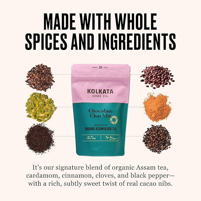 Kolkata Chai Chocolate Chai mix, 100% Organic Black Tea, Makes 20 cups, Premium loose leaf tea and spice blend, All Natural, 4.23 oz