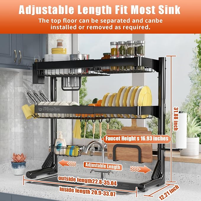 ZDRongZhen Over The Sink Dish Drying Rack,3 tier Full 304 Stainless Steel dish Drainer rack,Adjustable Length (22.8''~35.04'') Kitchen Storage Counter With Cup Hanging Set and Hooks (Black-3Tier)