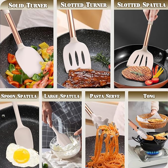 Umite Chef Silicone Kitchen Cooking Utensil Set, 43 pcs Spatula Utensils Set with Rose Gold Stainless Steel Handle, Non-stick Heat Resistant - Best Cookware Set-(Khaki)