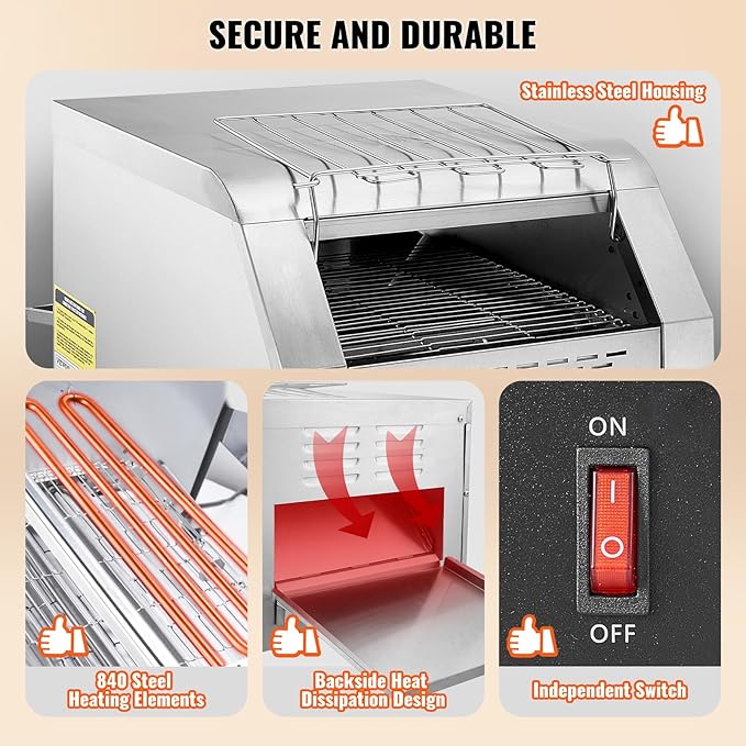 VEVOR Commercial Conveyor Toaster, 300 Slices/Hour, Heavy Duty Stainless Steel, Electric Restaurant Toaster for Toast, Bun, Bagel, Bread