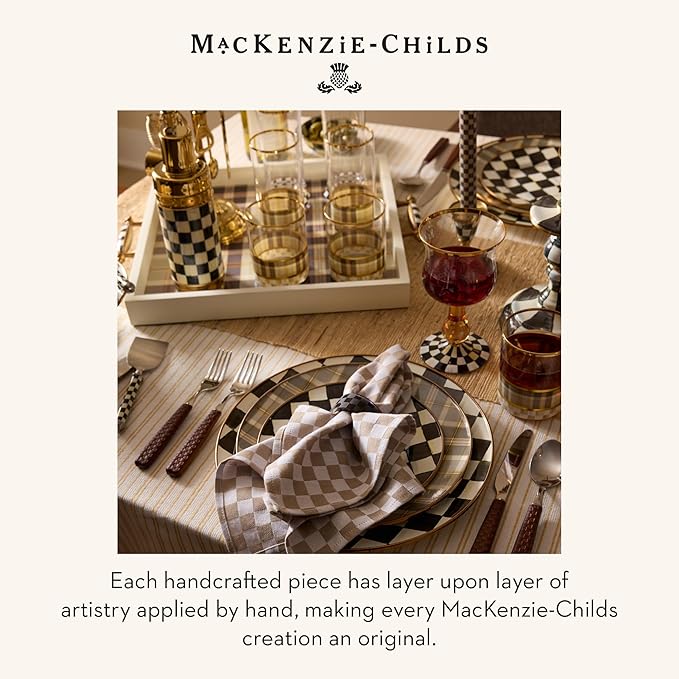 MACKENZIE-CHILDS Set of 4 Tumbler Glasses, Glass Drinkware with Gold Rims, 12 Ounces, Brown-and-White Tartan Mocha
