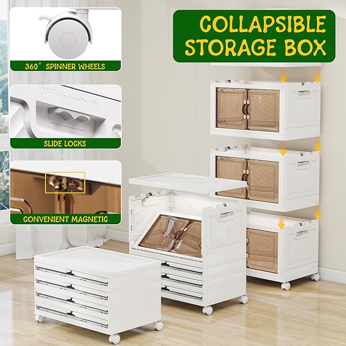 Storage Bins with Lids and Wheels, Collapsible Bathroom Storage Cabinet with Clear Doors, Plastic Stackable Closet Organizers and Storage Containers White 180 QT