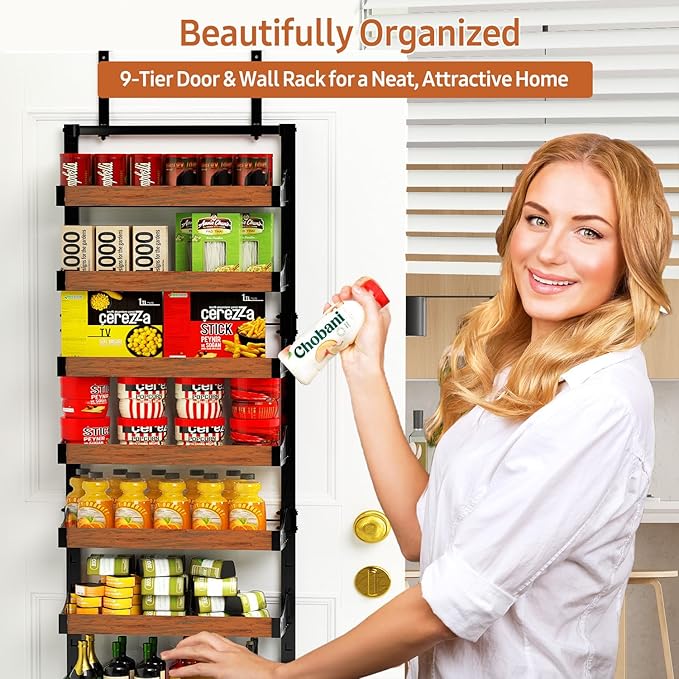 Over the Door Pantry Organizer: Pantry Organization and Storage with Hanging Basket - 9-Tier Metal Spice Rack Adjustable Shelves for Kitchen Bedroom Bathroom & Laundry Room Black