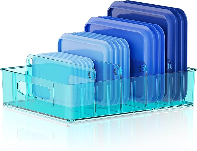 LYNG Lid Organizers Inside Cabinet, Clear Plastic Storage Lid Organizer With 4 Adjustable Dividers, Food Container Lid Organizer For Kitchen Pantry Blue