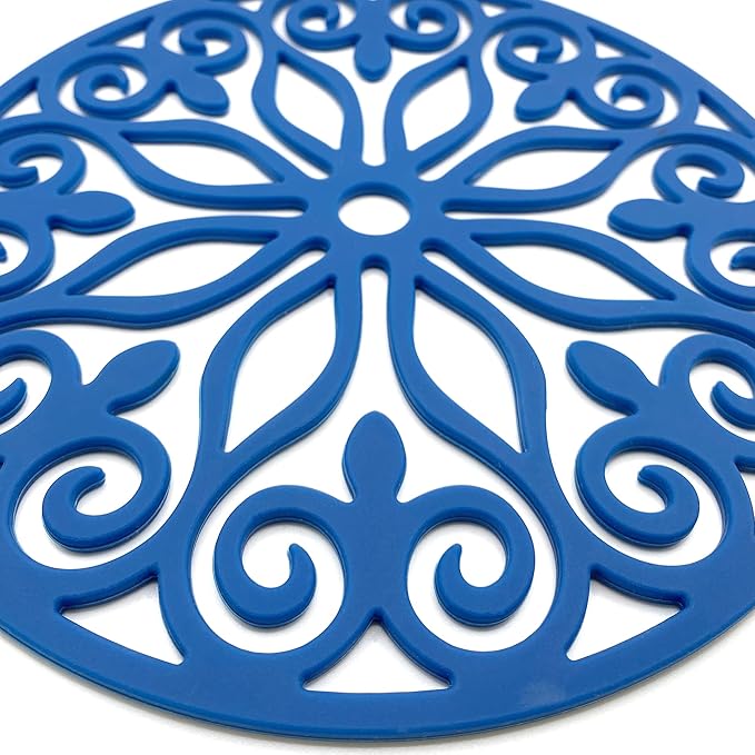 3 Set Silicone Trivet Mats with 1 Extra Large Included | Intricately Carved Insulated Flexible Durable Non Slip Thick Round Premium Trivets for Hot pots and Pans | Tardis Navy Blue