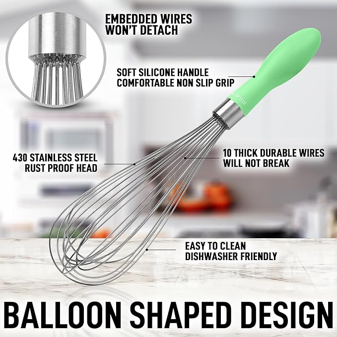 Zulay Kitchen Stainless Steel Balloon Whisk 12 Inch – Heavy Duty and Durable Wire Whisk with Non-Slip Silicone Handle for Blending, Whipping & Beating - Green