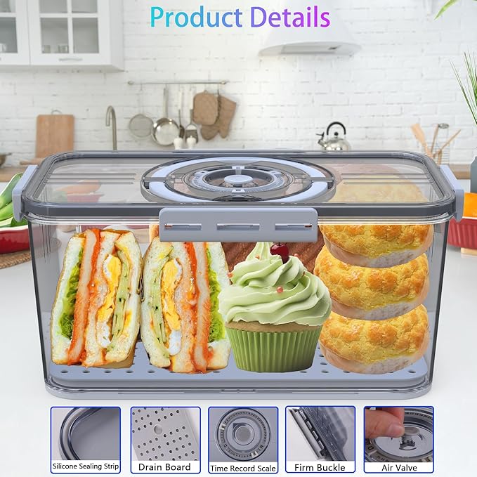 Bread Box with Lid and Handle,New Upgrade Time Recording Bread Storage Container for Kitchen Counter Airtight,Portable Bread Boxes for Homemade Breads, Toast, Bagel, Donut and Cookies(Grey)