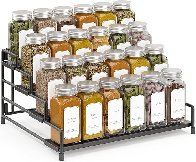 4-Tier-Spice-Rack-Organizer-for-Cabinet, Adjustable Depth Spice Holder Shelf For Countertop Pantry Cupboard, Metal Tiered Seasoning Organizer,Display Shelf Riser (Black-1 Pack)