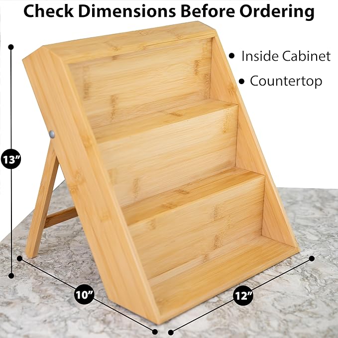 Extra Sturdy 3-Tier Bamboo Spice Rack – 12" W x 10" D x 13" H – Foldable Non-Slip Wooden Spice Organizer for Countertop and Cabinet – Includes Labels, Funnel & Hooks – Spice Jars NOT Included