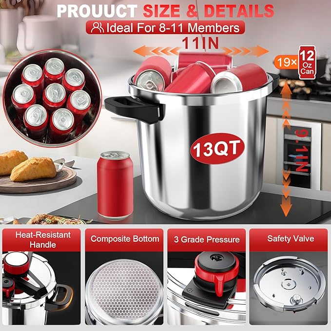 3-In-1 304 Stainless Steel Pressure Cooker 13 Quart: [Explosion-Proof] [3 PSI Settings], One-Hand Locking Pressure Canner, Induction Compatible, Glass Lid & Steamer Rack Included, Olla de Presion