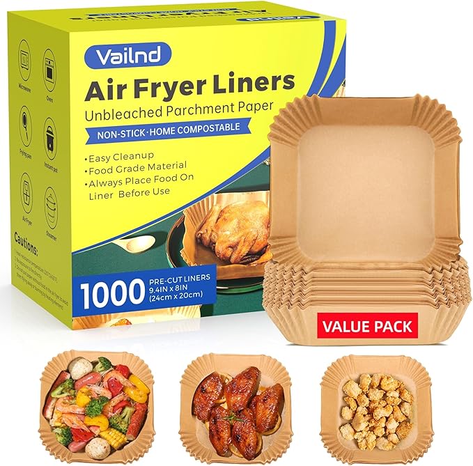 1000 Pcs Air Fryer Paper Liners Value Pack, 8" Square Air Fryer Liners Disposable, Heavy-Duty Parchment Paper for 5-8 qt Airfryer Basket Non-Stick & Grease-Proof Baking Liner for Oven Pan Bulk Supply