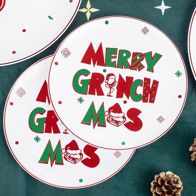 WELLIFE 60pcs Christmas Plates-30 Plastic Green Monster Dinner Plates and 30 Green Monster Dessert Plates,Red and green Plastic Plates with Christmas Tree Patterns