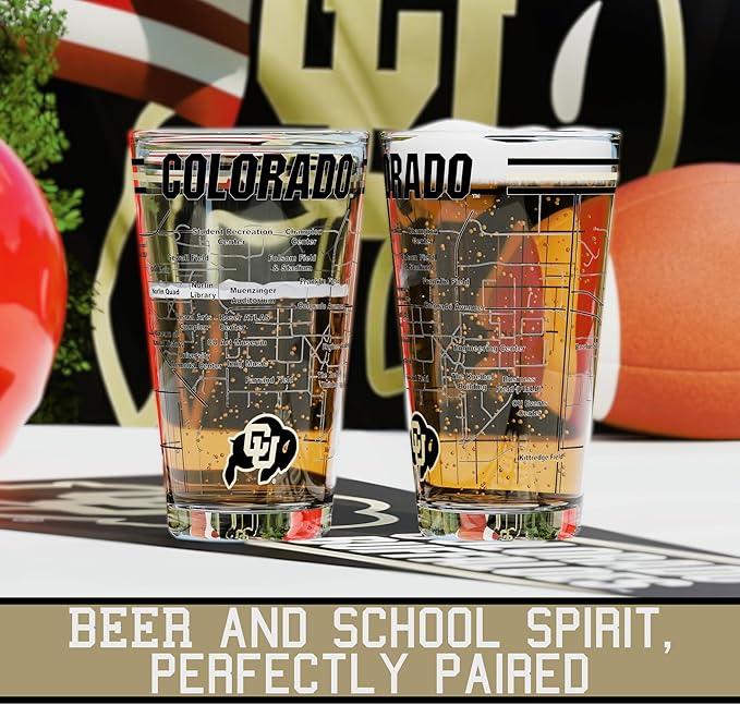 Greenline Goods – University of Colorado Buffaloes College Pint Beer Glasses (Set of 2), 16 oz – Full-Color Logo + Campus Map