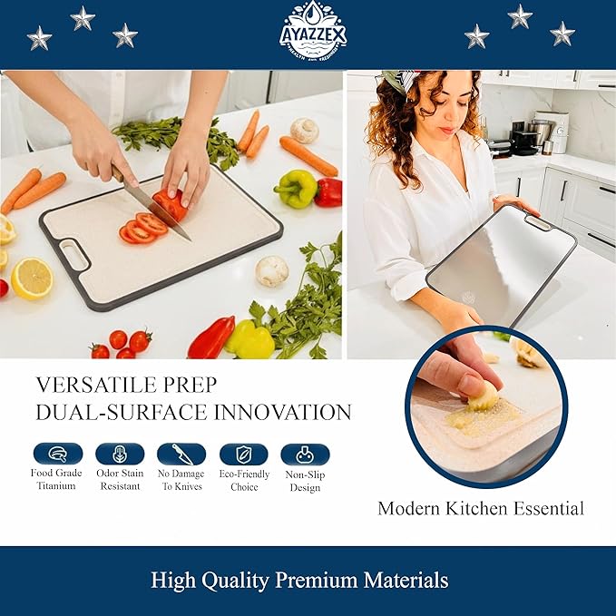 Titanium Cutting Board for Kitchen – Double-Sided Food Grade Cutting Board – 99.9% Titanium & Wheat Straw PP (15”×9”) Large Size & Ultra Durable, Easy to Clean - Includes Sponge & Pad & Hook