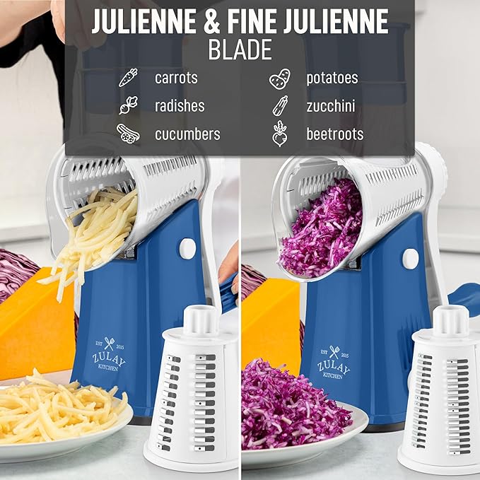 Zulay Kitchen Rotary Cheese Grater 5 Blade Cheese Shredder - Manual Hand Crank Cheese Grater With Reinforced Suction & 5 Interchangeable Drums - Easy to Use, Vegetable Chopper Round Mandoline Slicer