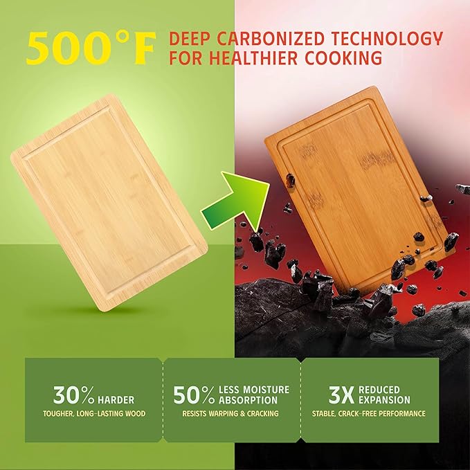 Vietnam Carbonized Bamboo Cutting Board Set of 3 with Holder, Non Toxic Reversible Boards with Juice Groove, Smooth Finish and Non Slip Feet, Handmade in Vietnam for Prep and Charcuterie