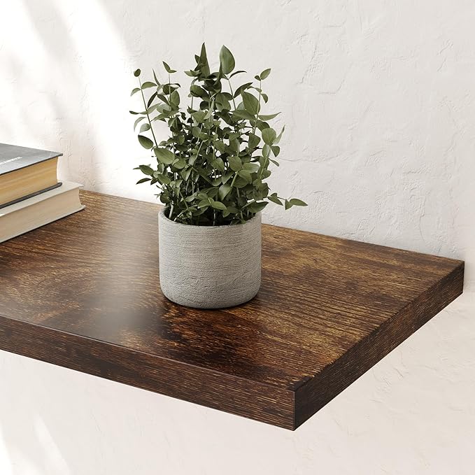 Wall Shelf Set of 3, Rustic Brown Floating Shelves 30 in W x 10 in D x 1 in H, Wooden Floating Wall Shelf with Invisible Brackets for Living Room/Bedroom/Bathroom/Kitchen Storage and Decor