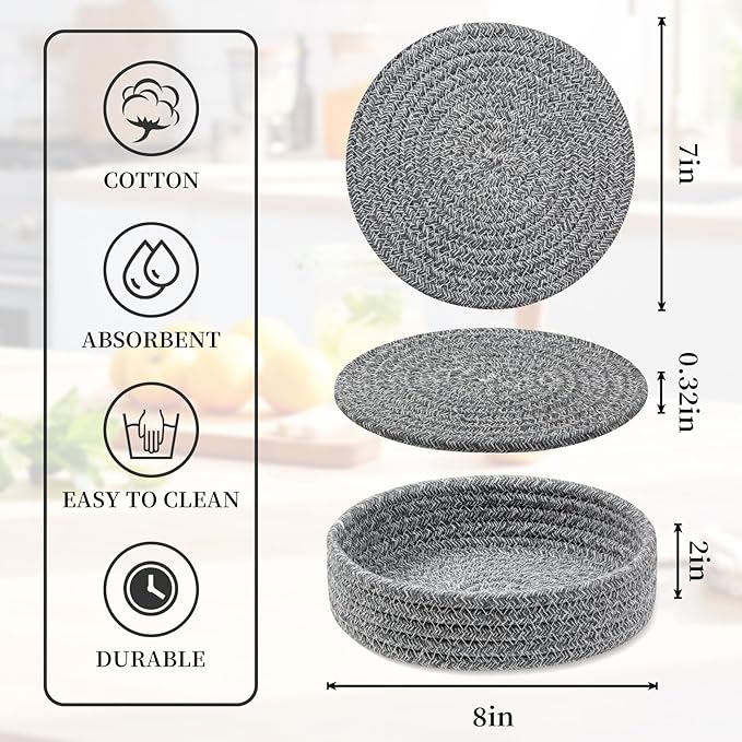Trivets for Hot Dishes, Pots and Pans, Heat Resistant Hot Pads with Storage Basket, Pot Holders for Kitchen Countertop, Trivet Mats Home Essentials Farmhouse Decor (Grey 4 Pcs)