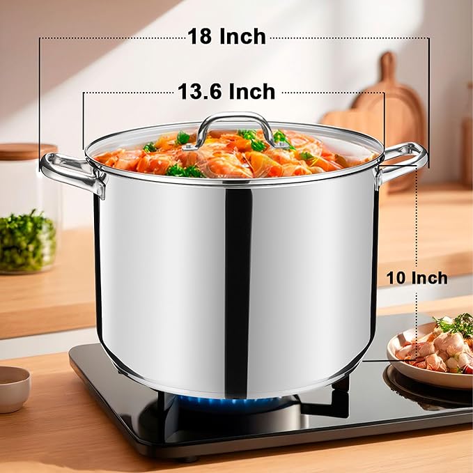 Stainless Steel Large Stock Pot, LIANYU 24 QT Heavy Duty Stockpot with Glass Lid, Deep Classic Soup Pot for Cooking Stewing Simmering, Thick Tri-ply Base & Stay-Cool Handle, Dishwasher Safe Cookware