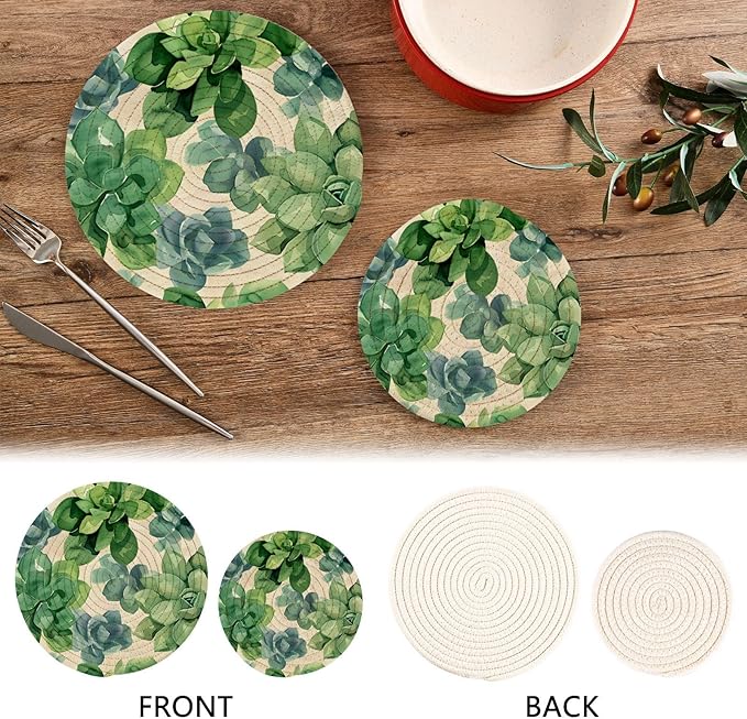 Succulent Plants Green Kitchen Trivets Pot Holders Set of 2, Trivets for Hot Pots Dishes Woven Trivet Coaster Pad Mat for Counter