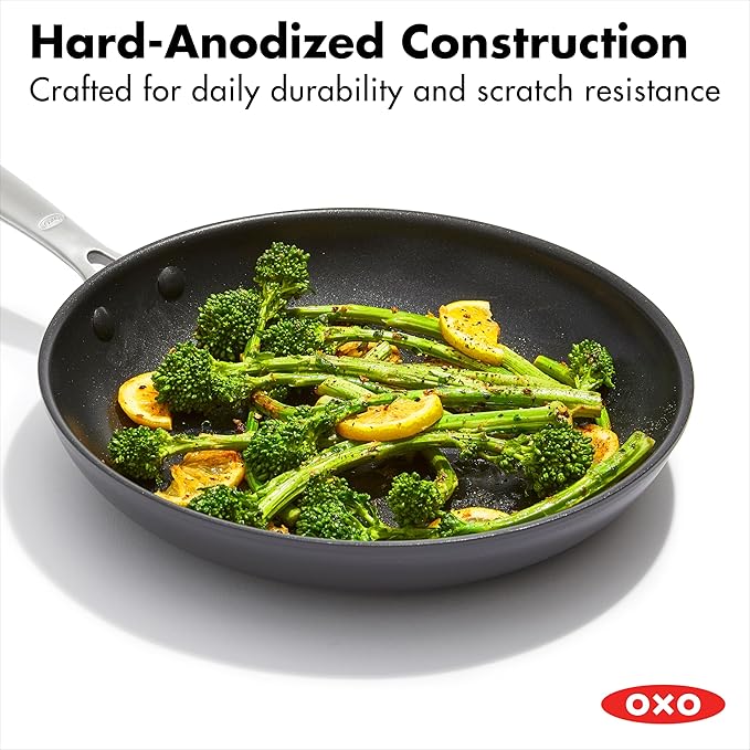 OXO Enhanced, 8" 10" and 12" 3 Piece Frying Pan Skillet Set, Healthy Ceramic Nonstick, PFAS-Free, Stainless Steel Handle, Dishwasher Safe, Oven Safe, Black