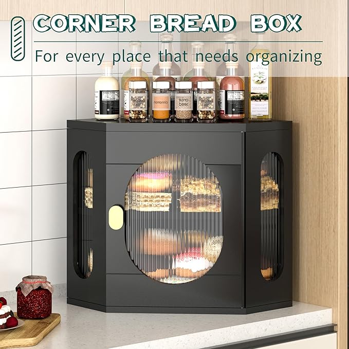 Corner Bread Box for Kitchen Countertop, Large Wooden Bread Box, Double Layer Bread Storage Bin, Bamboo Breadbox for Homemade Bread, Farmhouse Kitchen Organizer with Acrylic Window, Black