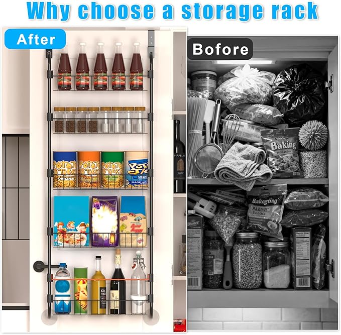 Black Over the Door Pantry Organizer 5 Tier, Adjustable Basket Pantry Door Organizer and Storage, Heavy Duty Metal Kitchen Hanging Spice Rack (D5xW19xH50 Inches)